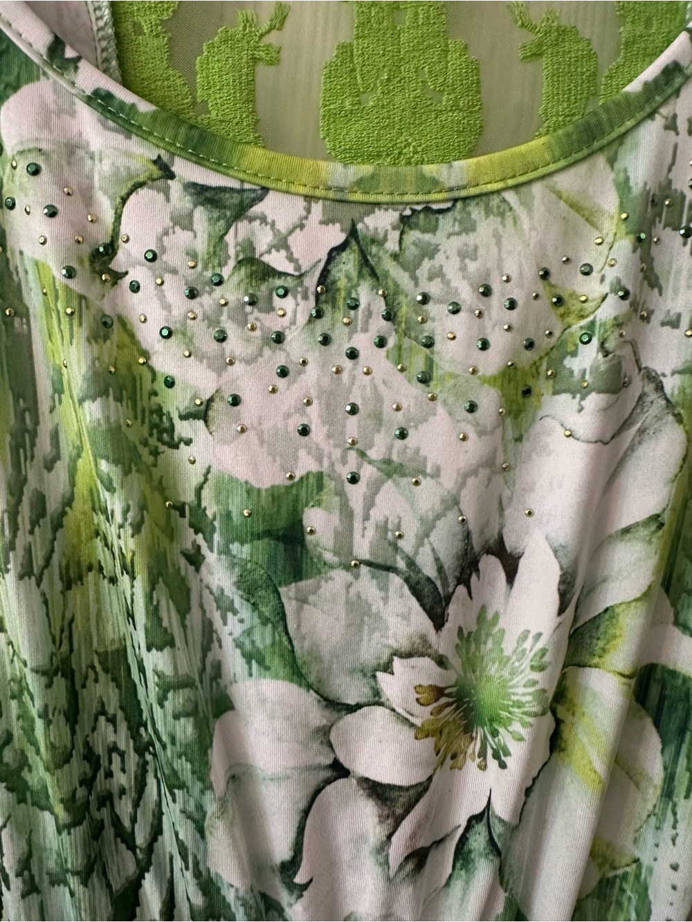 One World Live Let Live Maxi Dress 1X Green Floral Rhinestone Boho Hi Low NWT - Picture 6 of 8